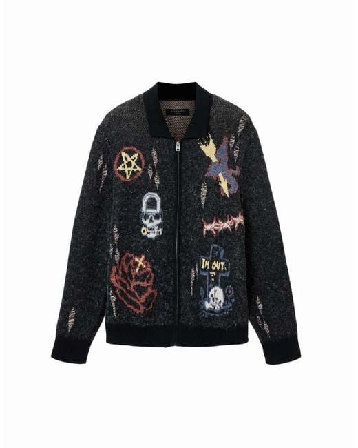 AllSaints Blue Meller Zip Up Embroidered Knit Cardigan for men