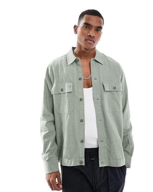 Only & Sons Green Pocket Detail Linen Mix Overshirt for men