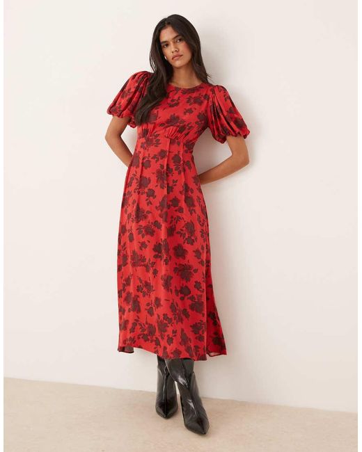 Nobody's Child Red Quinn Puff Sleeve Midi Dress