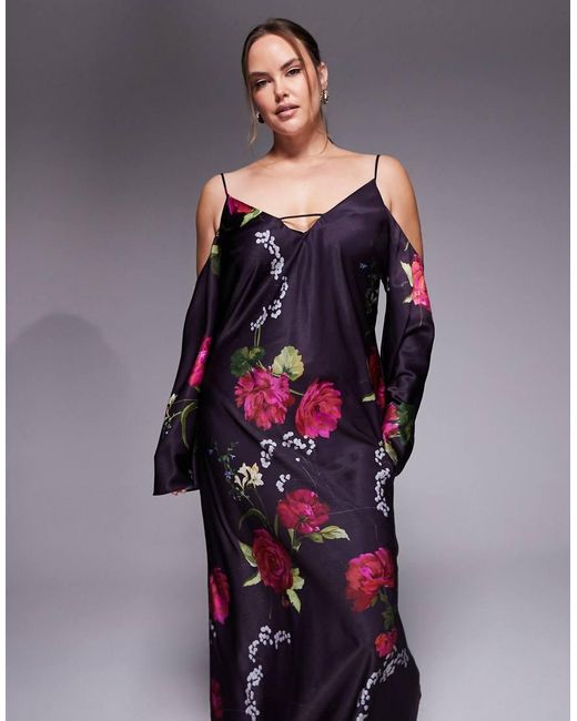 ASOS Blue Asos Design Curve Satin Long Sleeve Fallen Shoulder Cami Midi Dress