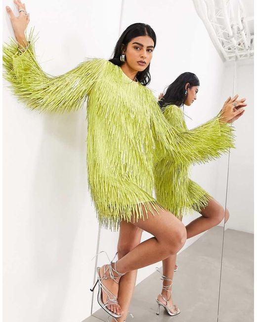 ASOS Yellow Shard Sequin Long Sleeve Mini Dress