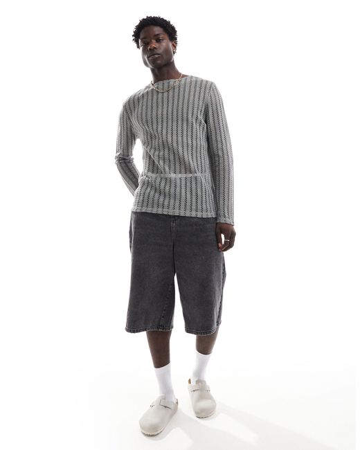 T-shirt décontracté en maille texturée ajourée avec manches longues et encolure large ASOS pour homme en coloris Gray
