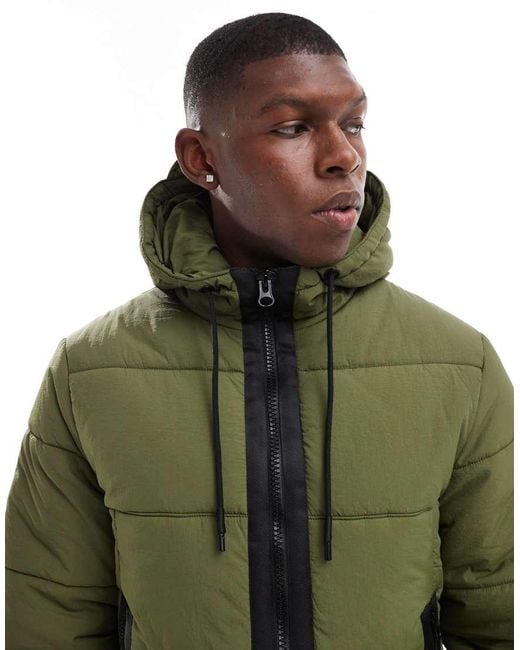 ASOS Green Nylon Puffer Jacket With Contrast Trims for men