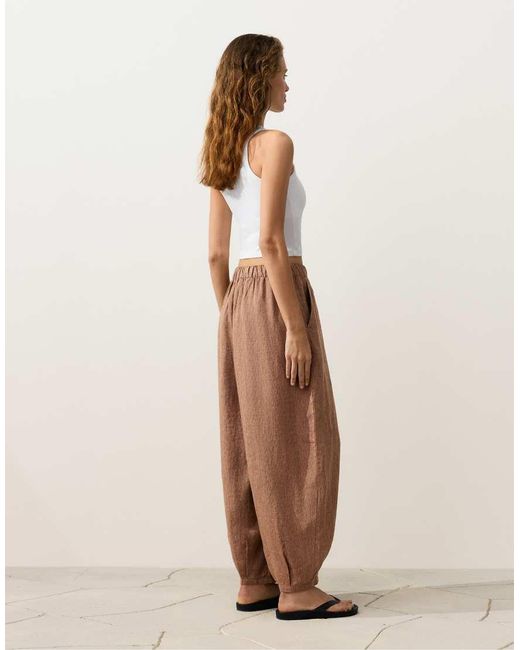 Oysho Natural 100% Linen Striped Balloon Trousers