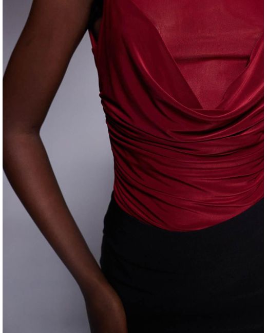 ASOS Red Cowl Front Mesh Slinky Mix Bodysuit