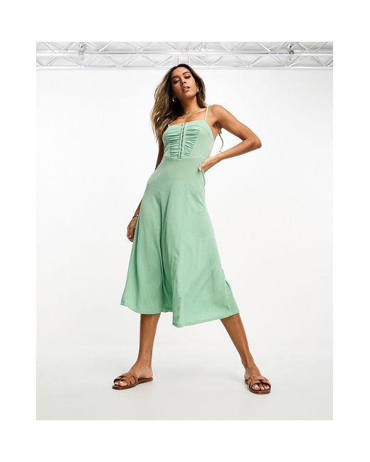 ASOS Green Textured Strappy Midi Tea Dress With Hook And Eye Detail