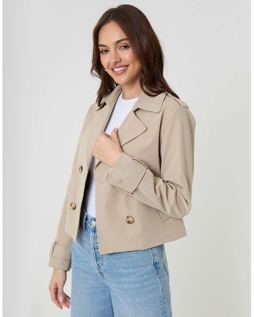 Threadbare Natural Petite Double Breasted Cropped Trench Coat