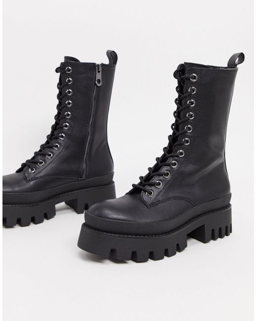 Bershka Black Lace Up Biker Boot With Sole Detail