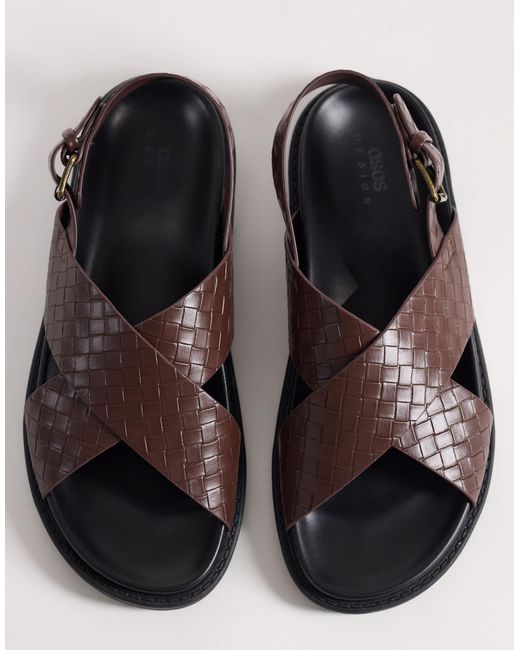 ASOS Cross Over Strap Sandals With Embossed Weave in Brown for Men | Lyst