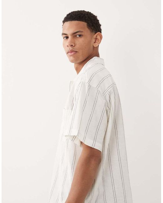 Jack & Jones White Linen Blend Cropped Short Sleeve Stripe Shirt for men
