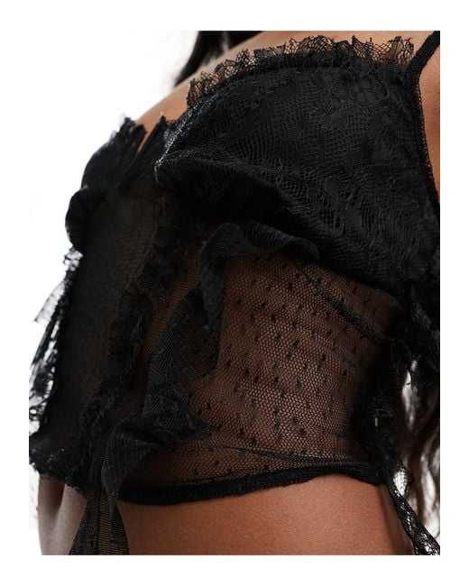 Miss Selfridge Black Sheer Lace Textured Mesh Ruffle Corset