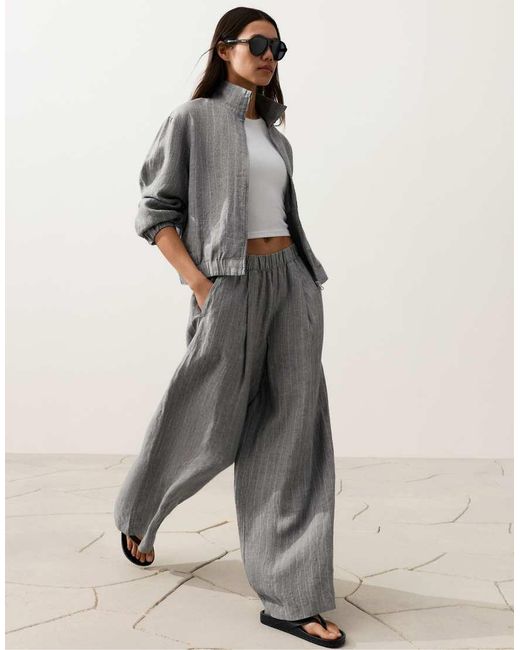 Oysho Gray Pinstriped 100% Linen High-neck Jacket