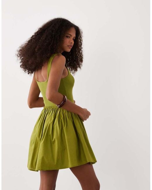 ASOS Green Scoop Ribbed Bodice With Poplin Skirt Mini Dress