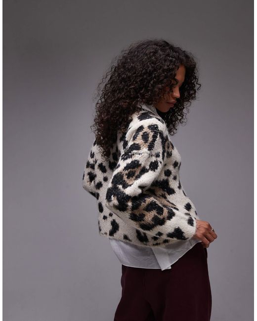 TOPSHOP Gray – ultimate – flauschiger strickpullover mit leopardenmuster und lockerem schnitt