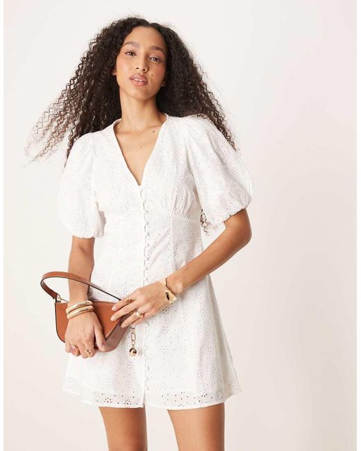 Gina Tricot White Long Sleeve Broderie Anglais V Neck Graduation Mini Dress