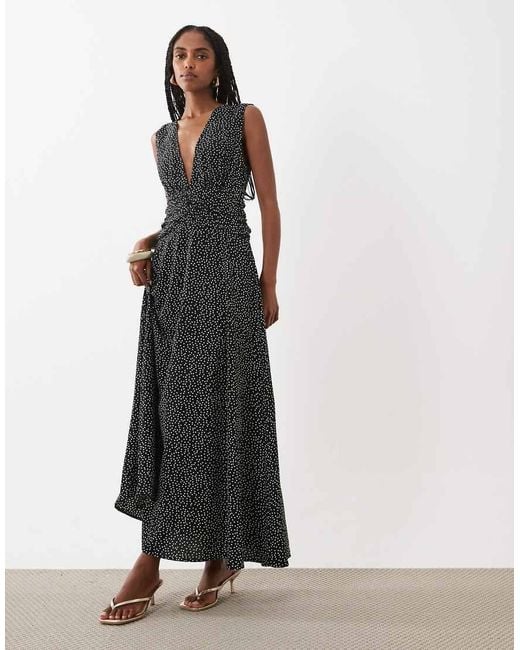 Vila Black Ruched Waist Deep V Neck Maxi Dress