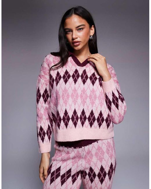 River Island Pink Argyle Patterned Knit Sweater