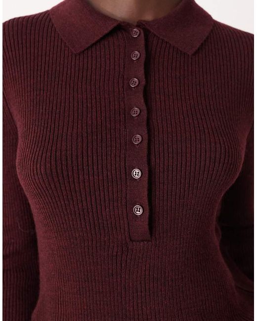 Mango Red Wool Mix Long Sleeve Knitted Polo Top