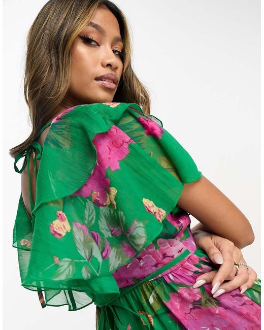 ASOS Green V Front V Back Ruffle Mini Dress With Flutter Sleeve And Tie Belt