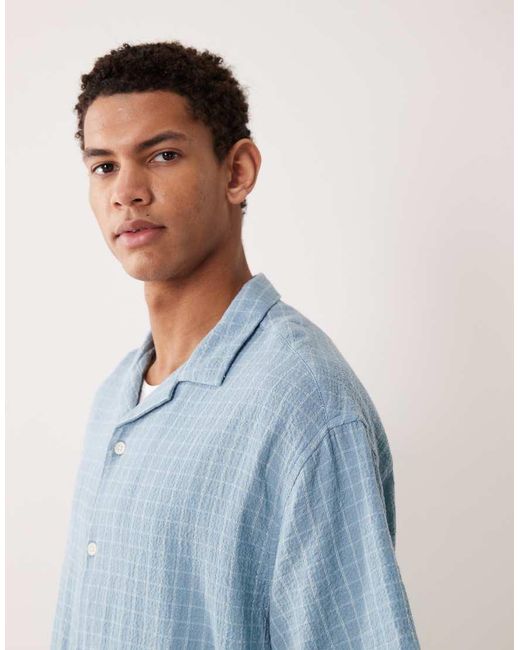 ASOS Blue Boxy Oversized Revere Textured Check Shirt for men