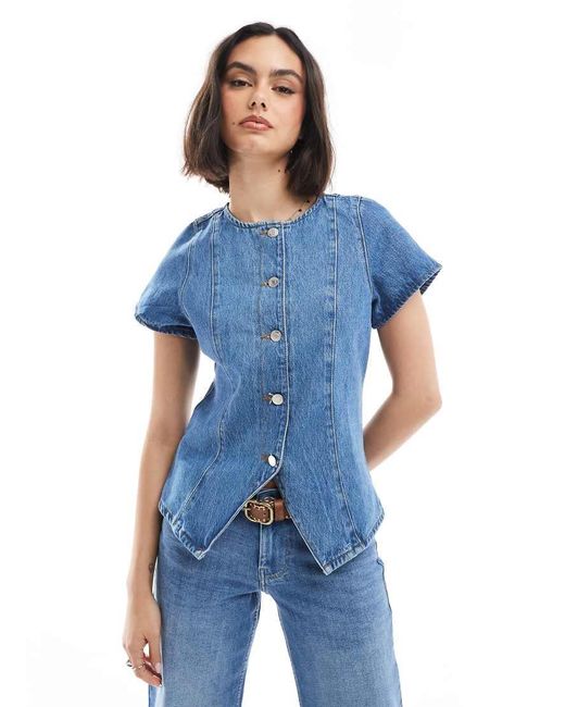 ASOS Denim Top Met Knoopsluiting En Korte Mouwen in het Blue