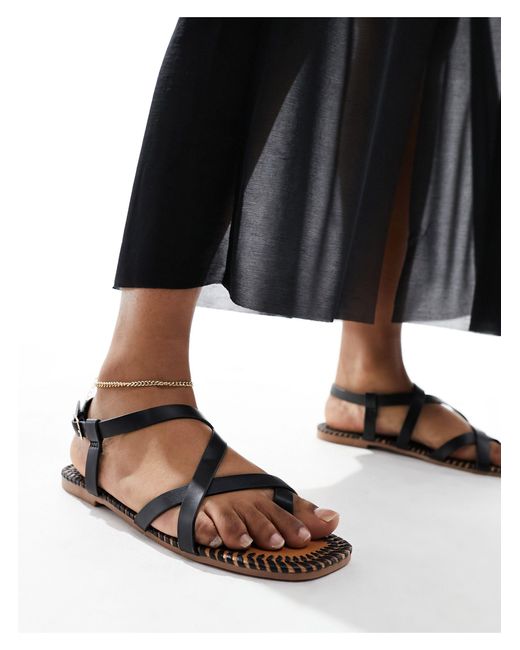 South Beach Black Strappy Sandals With Whipstitch Detail