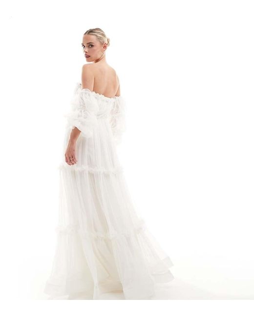 LACE & BEADS White Bubble Sleeve Ruffle Maxi Dress