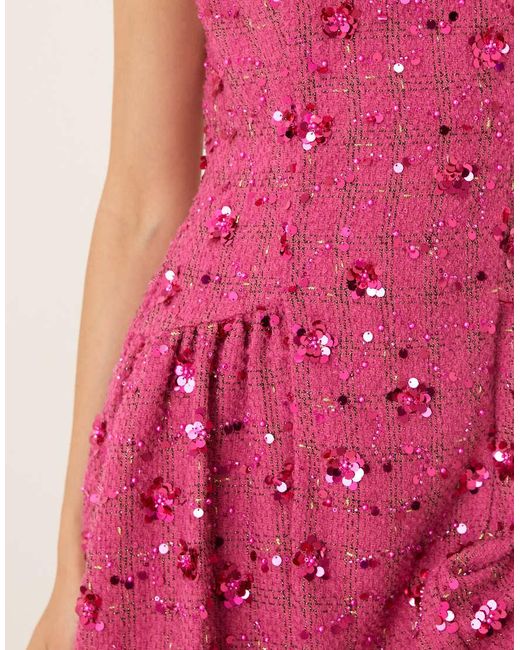 Sister Jane Pink Dream Hollywood Sequin Tweed Scoop Neck Drop Waist Midi Dress