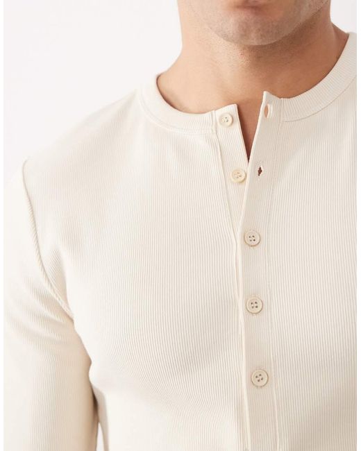 ASOS Natural Muscle Fit Long Sleeve T-shirt With Henley Neck for men