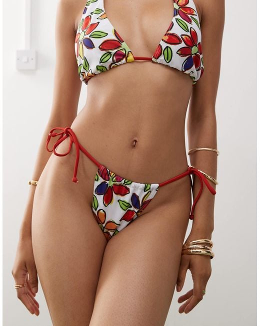 Reclaimed (vintage) Brown – seitlich gebundene bikinihose mit handgezeichnetem, farbenfrohem blumenmuster