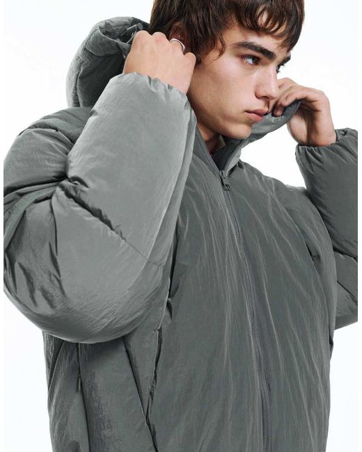 Pull&Bear Gray Cut-Out Puffer Jacket for men