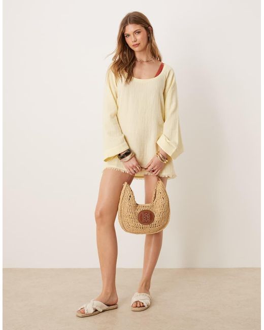 ASOS Natural Callie Cheesecloth Frayed Long Sleeve Reversible Beach Dress