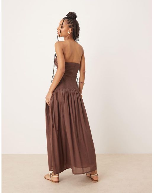 ASOS Brown Dropped Waist Bandeau Maxi Sundress With Lace Up Side