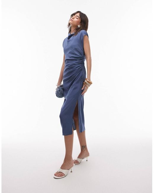 Mango Cap Sleeve Midi Dress With Ruched Side in Blue | Lyst