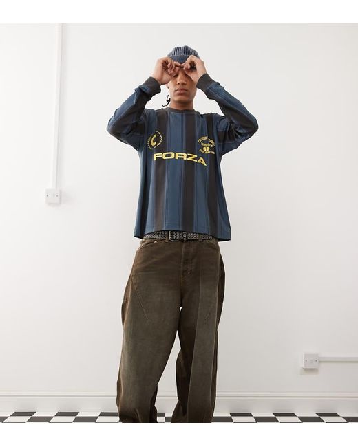 Collusion Oversized Gestreepte Voetbaltop Met Lange Mouwen En Grafische Print in het Blue voor heren