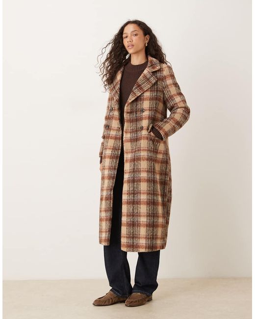 Brave Soul Brown Double Breasted Faux Wool Maxi Check Coat