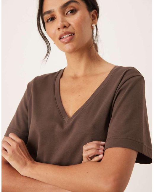 Mango Brown Cotton Slouchy V-neck Pyjama T-shirt Co-ord