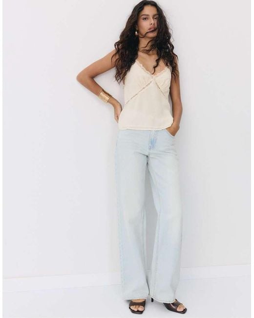 Stradivarius Natural Halter Neck Top With Lace Trim