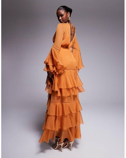 Vestito Lungo Color Ruggine Con Scollo Profondo, Volant E Inserti di ASOS in Orange