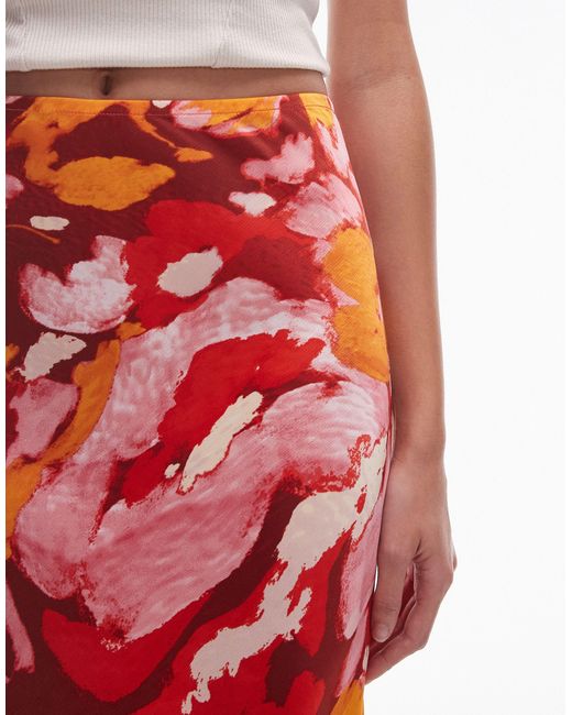 TOPSHOP Red Orange Floral Print Bias Maxi Skirt