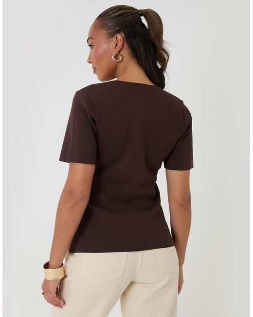 Threadbare Brown V-Neck Compact Knitted Top