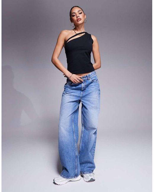 ASOS Blue Double Layer One Shoulder Top With Strap Detail