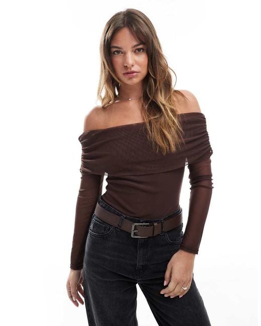 Miss Selfridge Brown Mesh Bardot Bodysuit