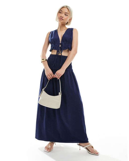 4th & Reckless Women's Blue Linen Look Dropped Waist Maxi Skirt Co-Ord