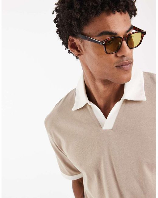 ASOS Natural Heavyweight Relaxed Notch Polo With Contrast Collar for men