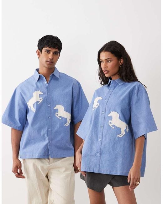 Sister Jane Blue Dala Unisex Cotton Applique Horse Detail Boxy Denim Shirt