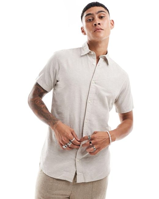 Jack & Jones Gray Linen Shirt With Short Sleeves for men