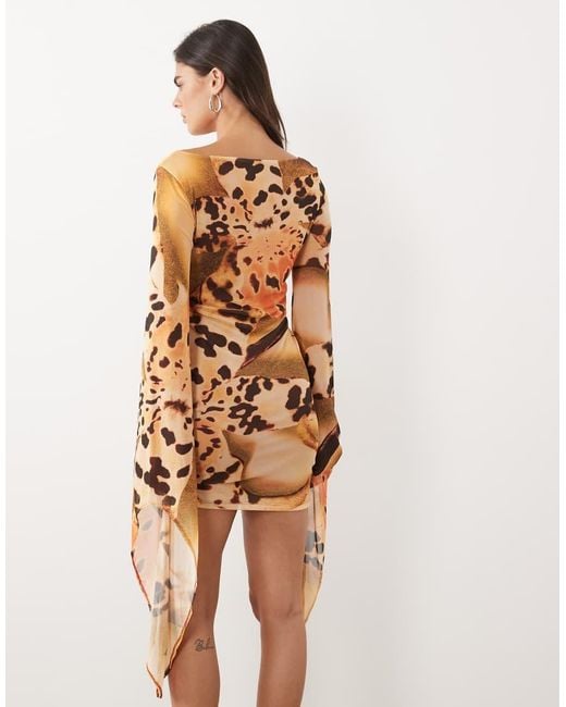 ASOS Natural Printed Mesh Cape Sleeve Mini Dress With Plunging Keyhole Detail