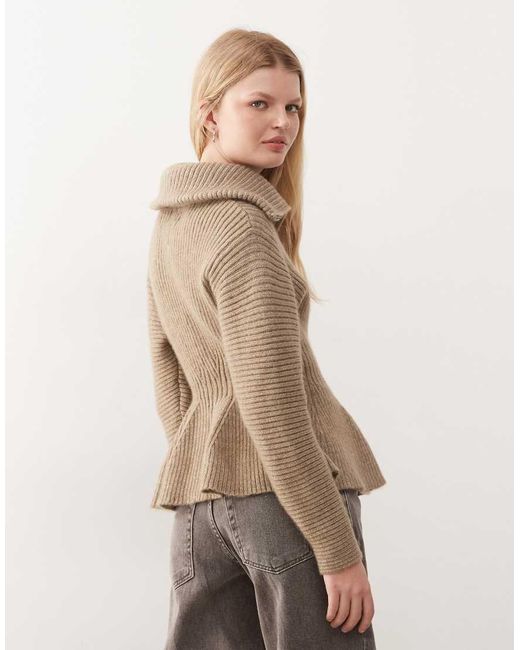Monki Natural Double Zip Cinch Cardigan With Peplum Hem