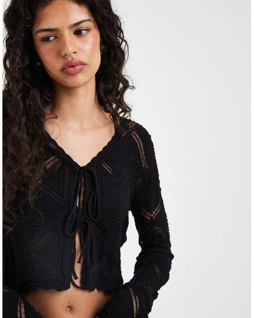 Vero Moda Black Tie Front Patterned Crochet Cardigan